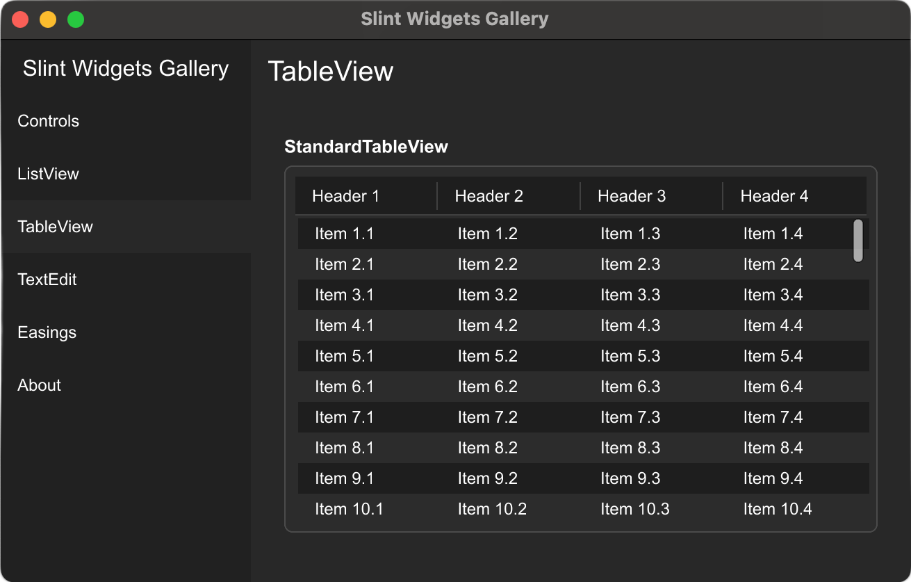 Screenshot of TableView widget of Slint