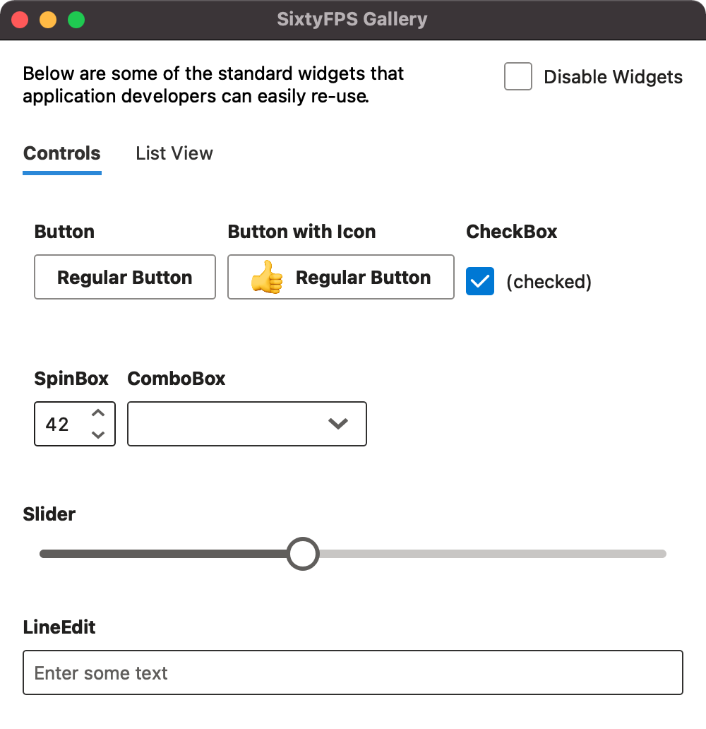 SixtyFPS Widget Gallery using the Fluent style