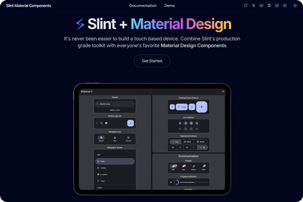 Screenshot of the Slint Material Components site showing the interactive gallery with various Material Design components