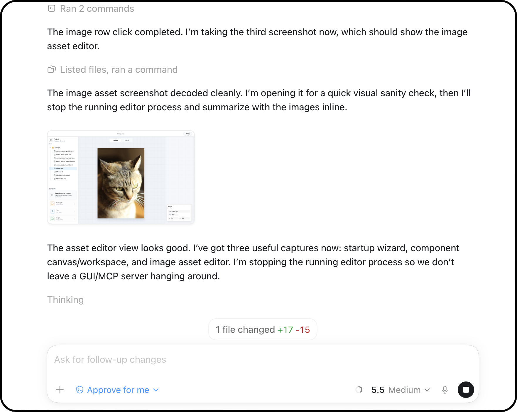 Codex with inline screenshots of a Slint app